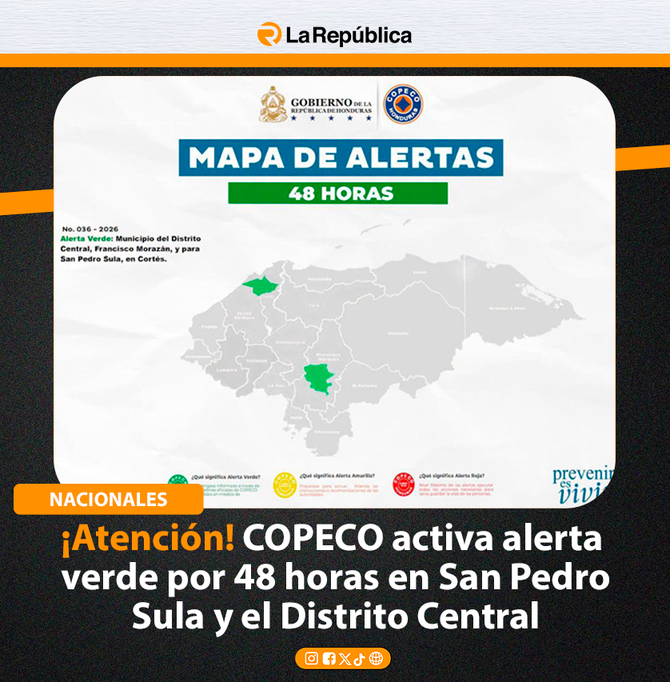 ¡Atención! COPECO activa alerta  verde por 48 horas en San Pedro Sula y el Distrito Central - Cover Image